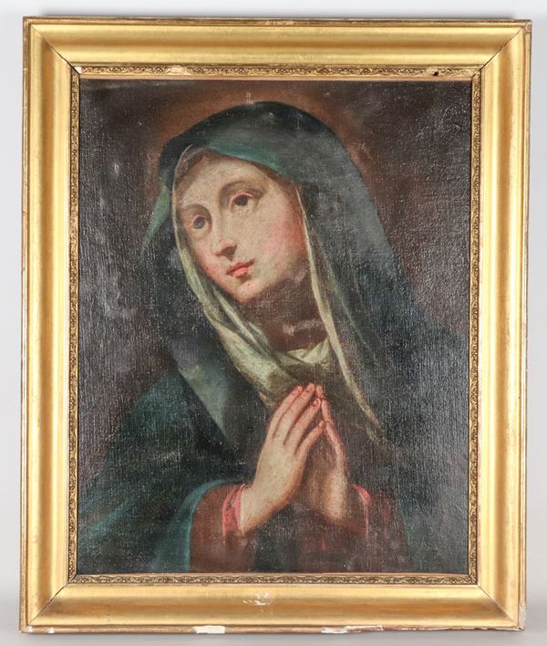 Scuola Romana XVIII Secolo - "Madonna in preghiera", dipinto ad olio su tela in cornice in legno dorato