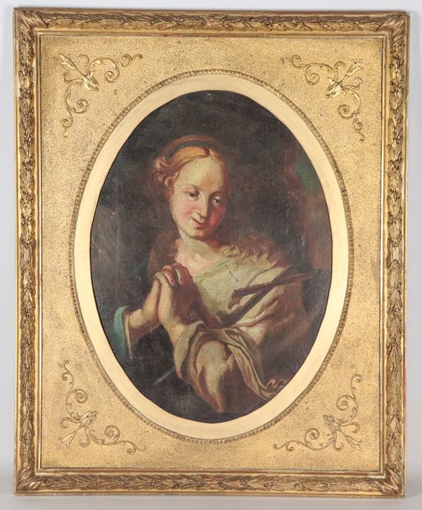 Scuola Bolognese Inizio XVIII Secolo - "Maddalena in preghiera con crocifisso", dipinto ovale ad olio in cornice in legno dorato e intagliato