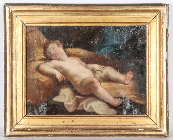 Scuola Italiana Inizio XVIII Secolo - "Gesù Bambino dormiente", piccolo dipinto ad olio su tela in cornice in legno dorato