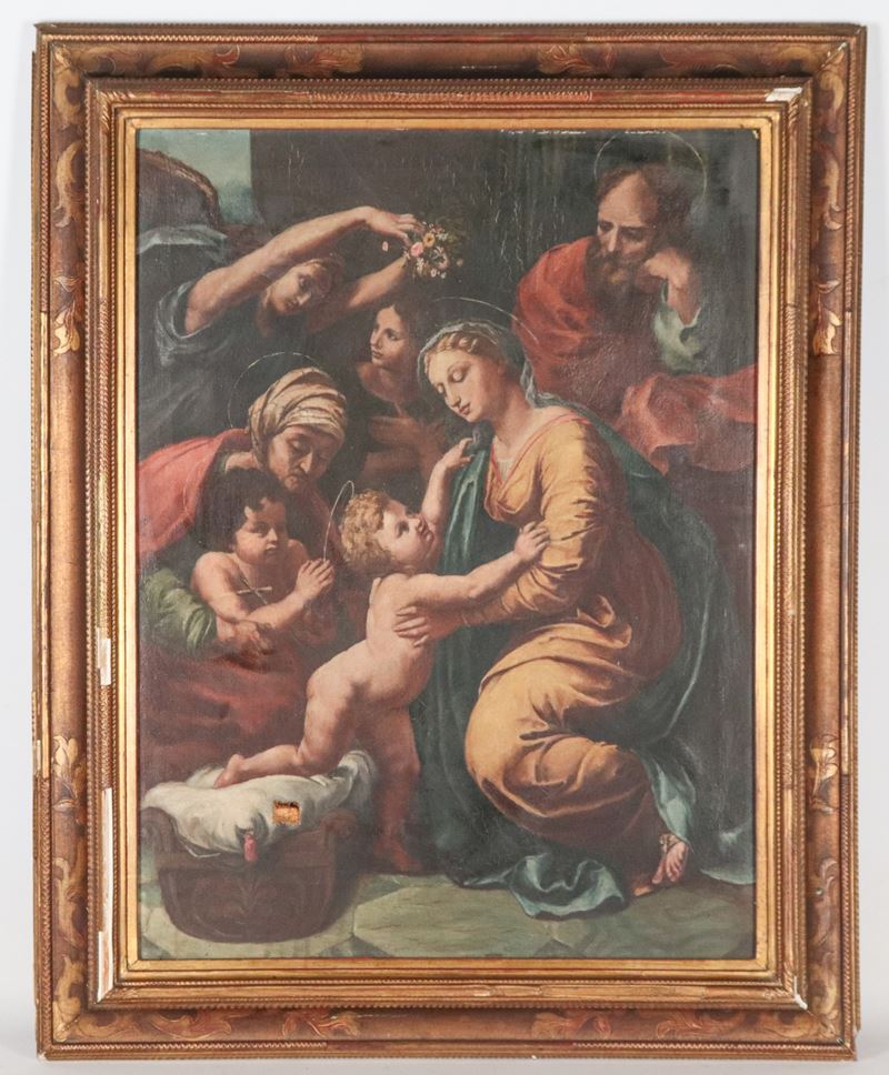 "Sacra Famiglia con San Giovannino e Sant'Anna", dipinto ad olio su tela in cornice in legno deco...