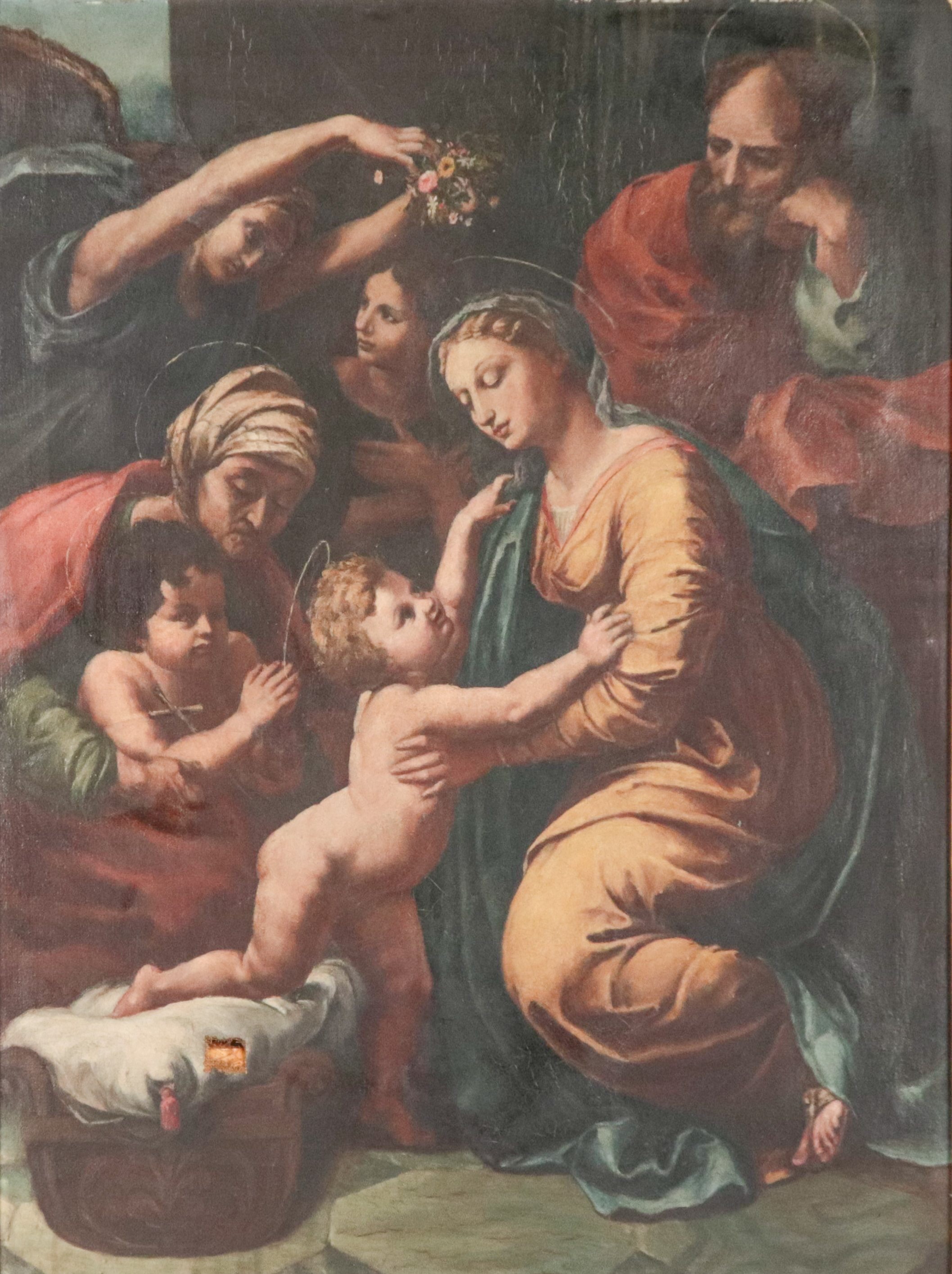 "Sacra Famiglia con San Giovannino e Sant'Anna", dipinto ad olio su tela in cornice in legno deco...