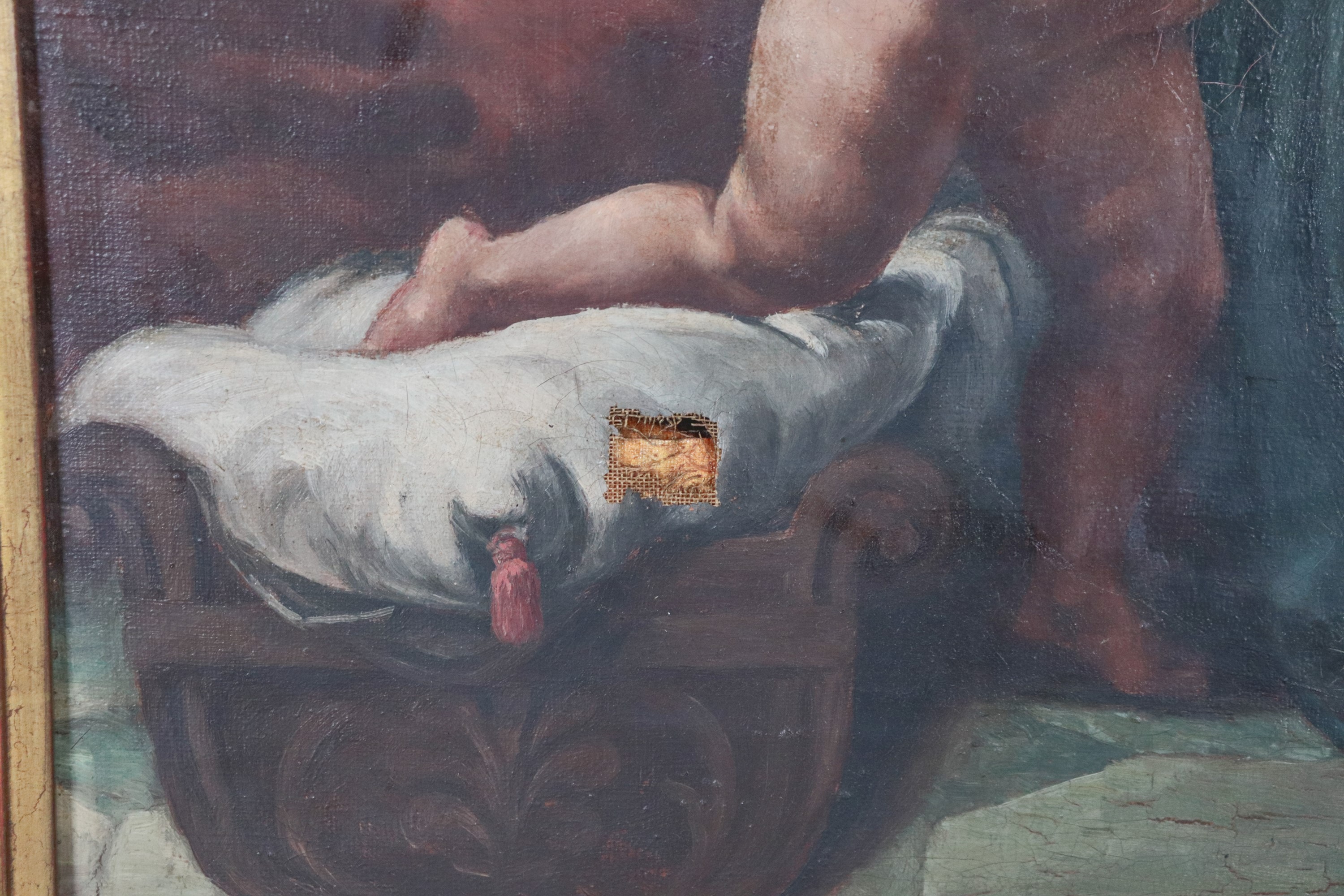 "Sacra Famiglia con San Giovannino e Sant'Anna", dipinto ad olio su tela in cornice in legno deco...