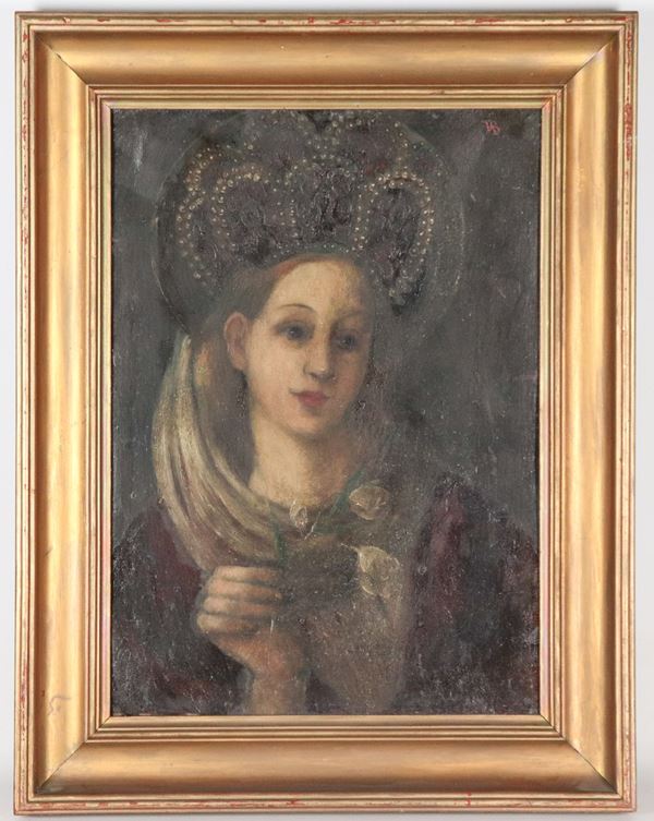 Scuola Francese XVIII Secolo - Siglato. "Ritratto di nobildonna con rose", dipinto ad olio su rame in cornice in legno dorato