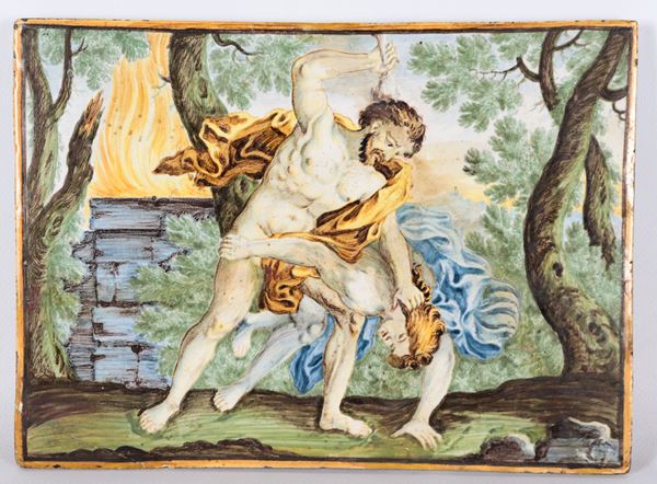 "Caino e Abele", antica mattonella in maiolica policroma lustrata di Castelli, probabilmente attribuibile alla manifattura di Liborio Grue (1702 - 1776)