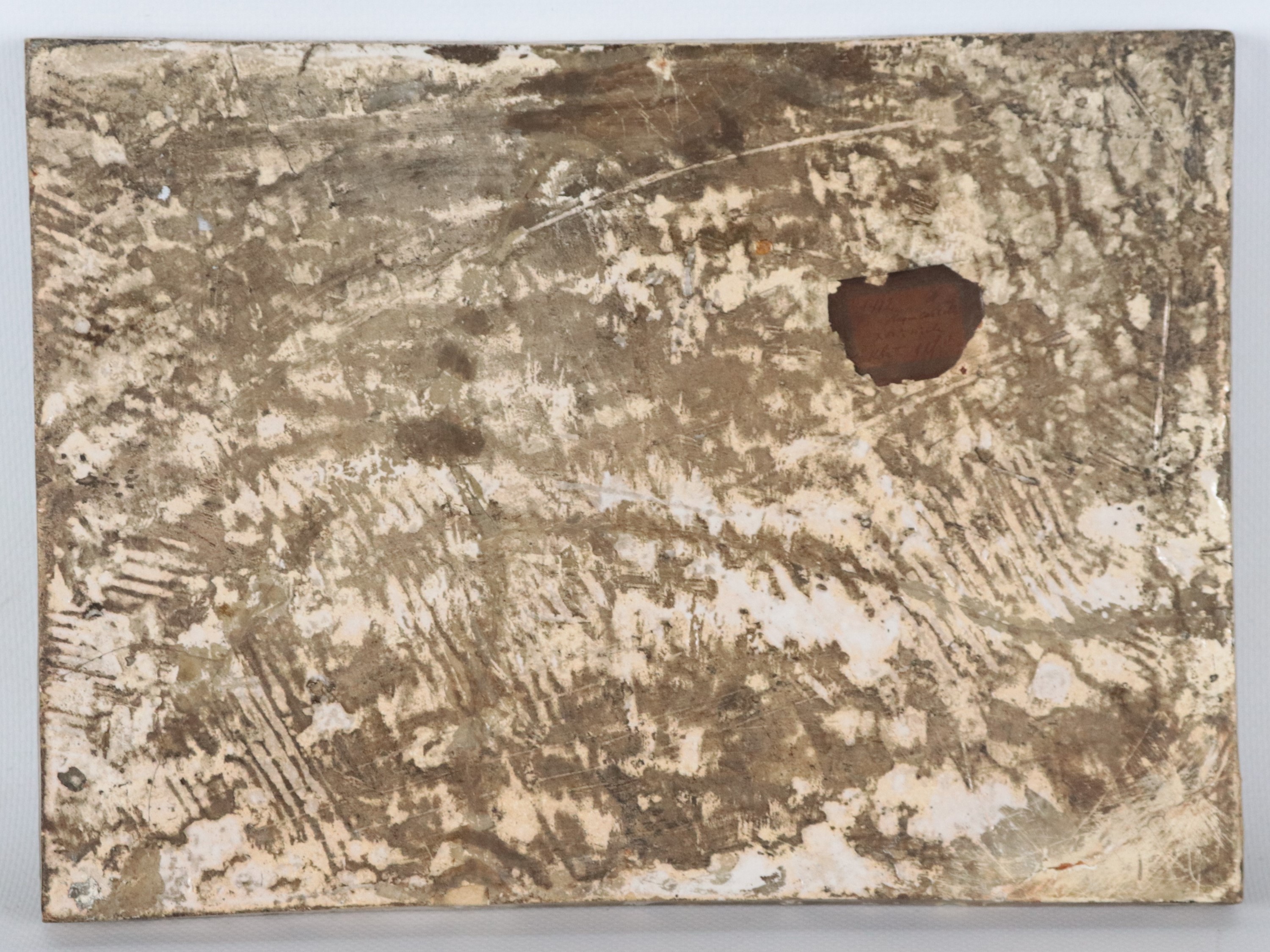 "Caino e Abele", antica mattonella in maiolica policroma lustrata di Castelli, probabilmente attr...