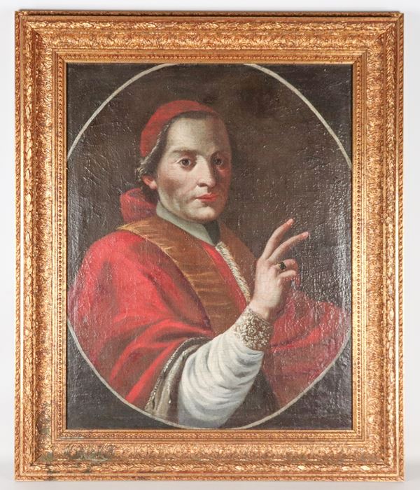 Scuola Genovese Inizio XVIII Secolo - "Ritratto di Pio VII", dipinto ad olio su tela in cornice in legno dorato