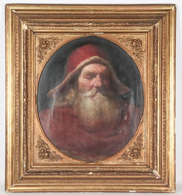 Scuola Italiana Inizio XVIII Secolo - "Ritratto di Papa", dipinto ovale ad olio su tela in cornice in legno dorato e intagliato