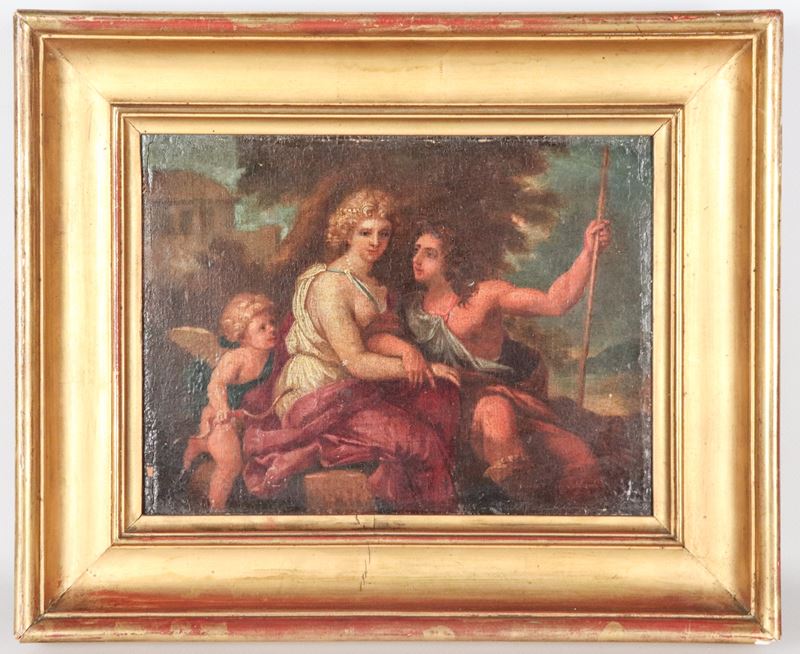 "Venere, Adone e Cupido", piccolo dipinto ad olio su tela in cornice in legno dorato