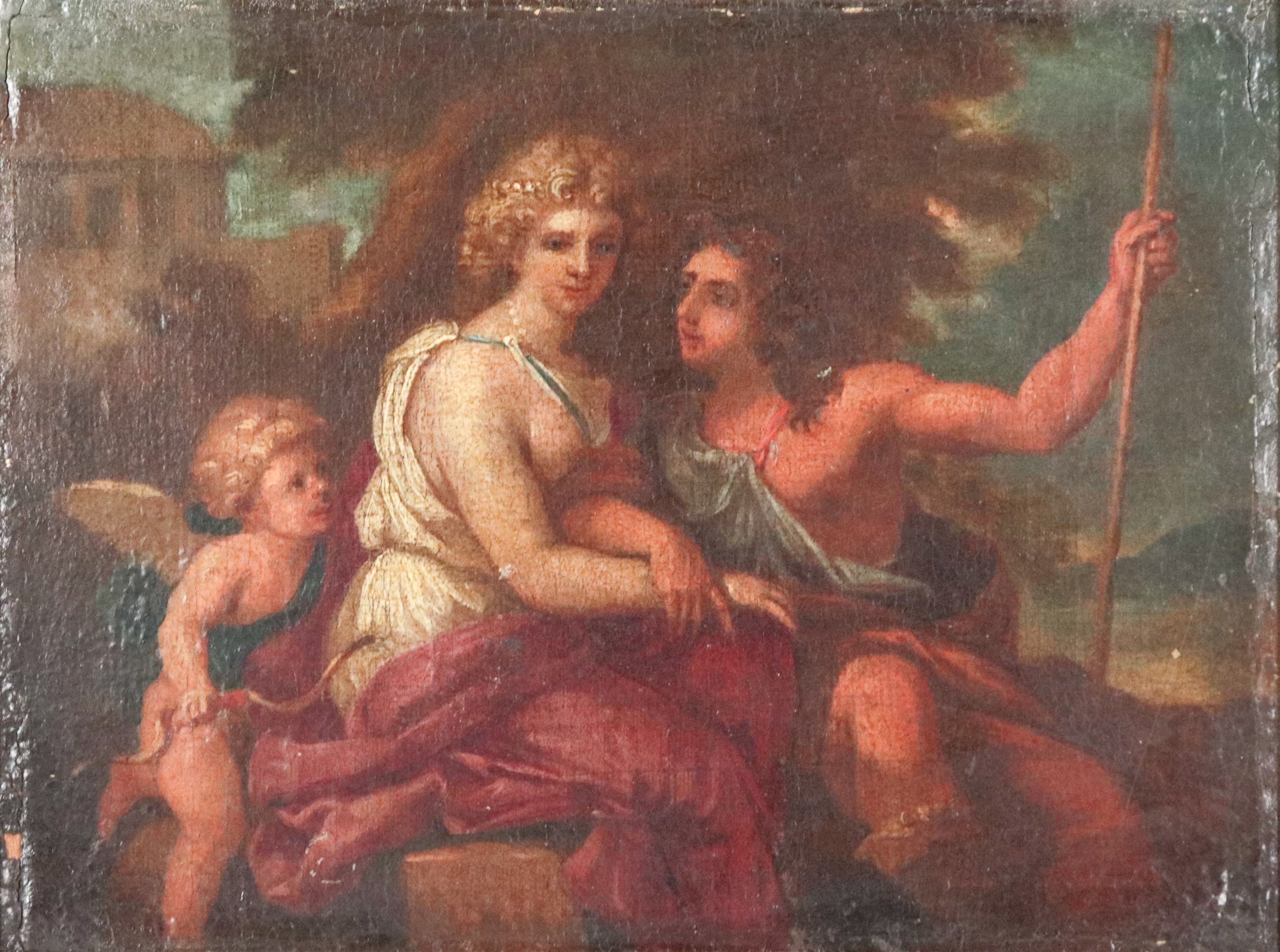 "Venere, Adone e Cupido", piccolo dipinto ad olio su tela in cornice in legno dorato