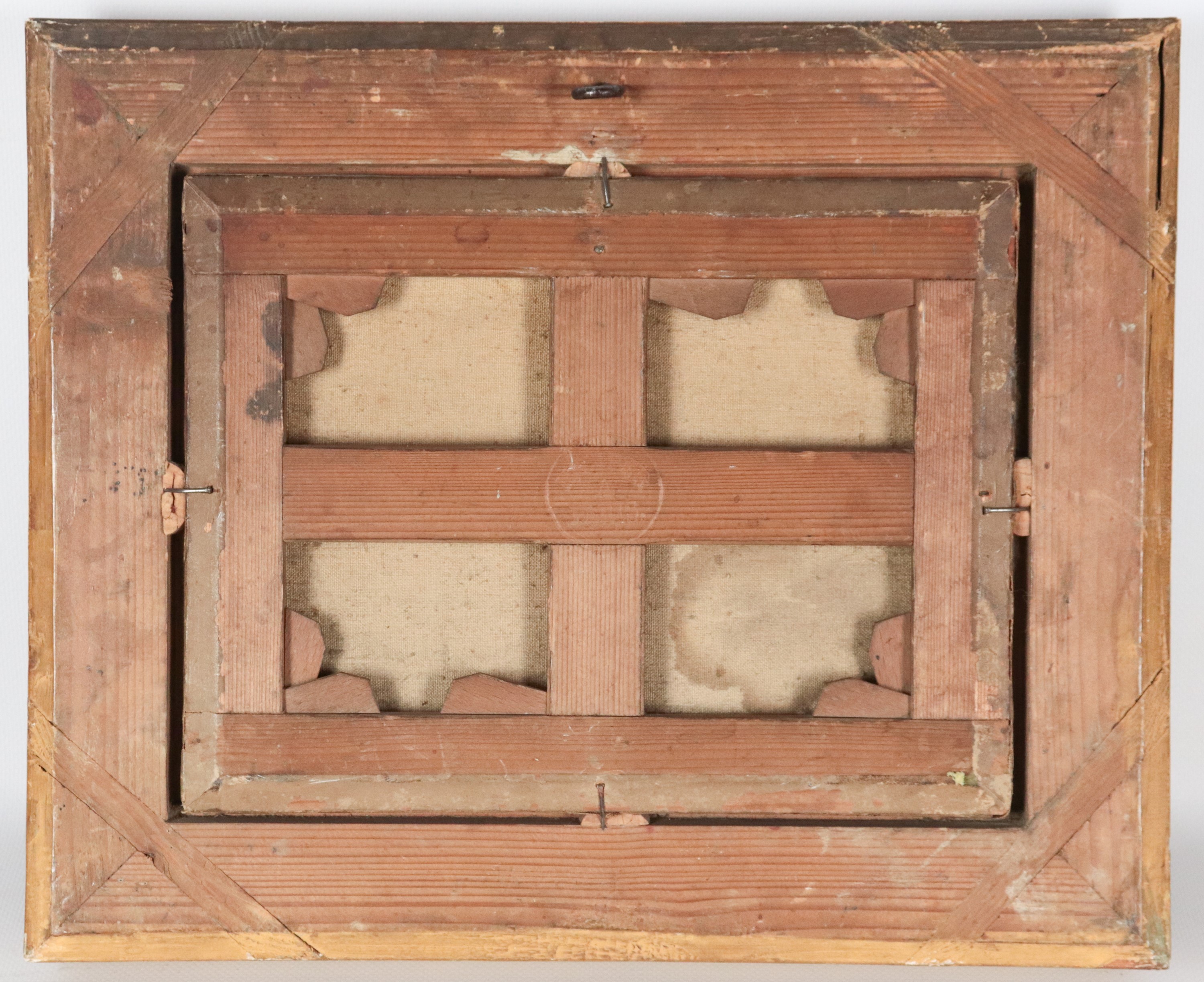 "Venere, Adone e Cupido", piccolo dipinto ad olio su tela in cornice in legno dorato