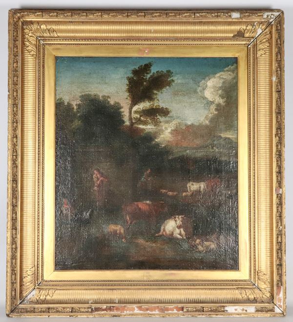 Scuola Italiana Fine XVII - Inizio XVIII Secolo - "Paesaggio con pastori e armenti", dipinto ad olio su tela in cornice in legno dorato e intagliato