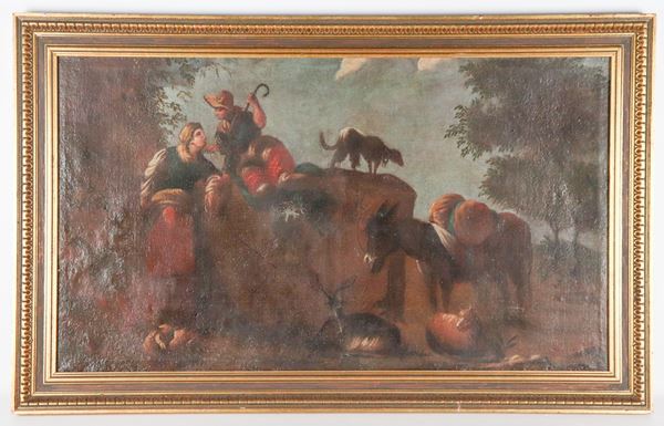 Scuola Veneta Inizio XVIII Secolo - "Paesaggio con pastori, caprette e asinello", dipinto ad olio su tela in cornice in legno dorato