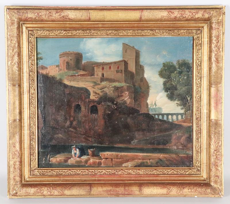 "Veduta di borgo con lavandaia al fiume", piccolo dipinto ad olio su tela di ottima esecuzione pi...