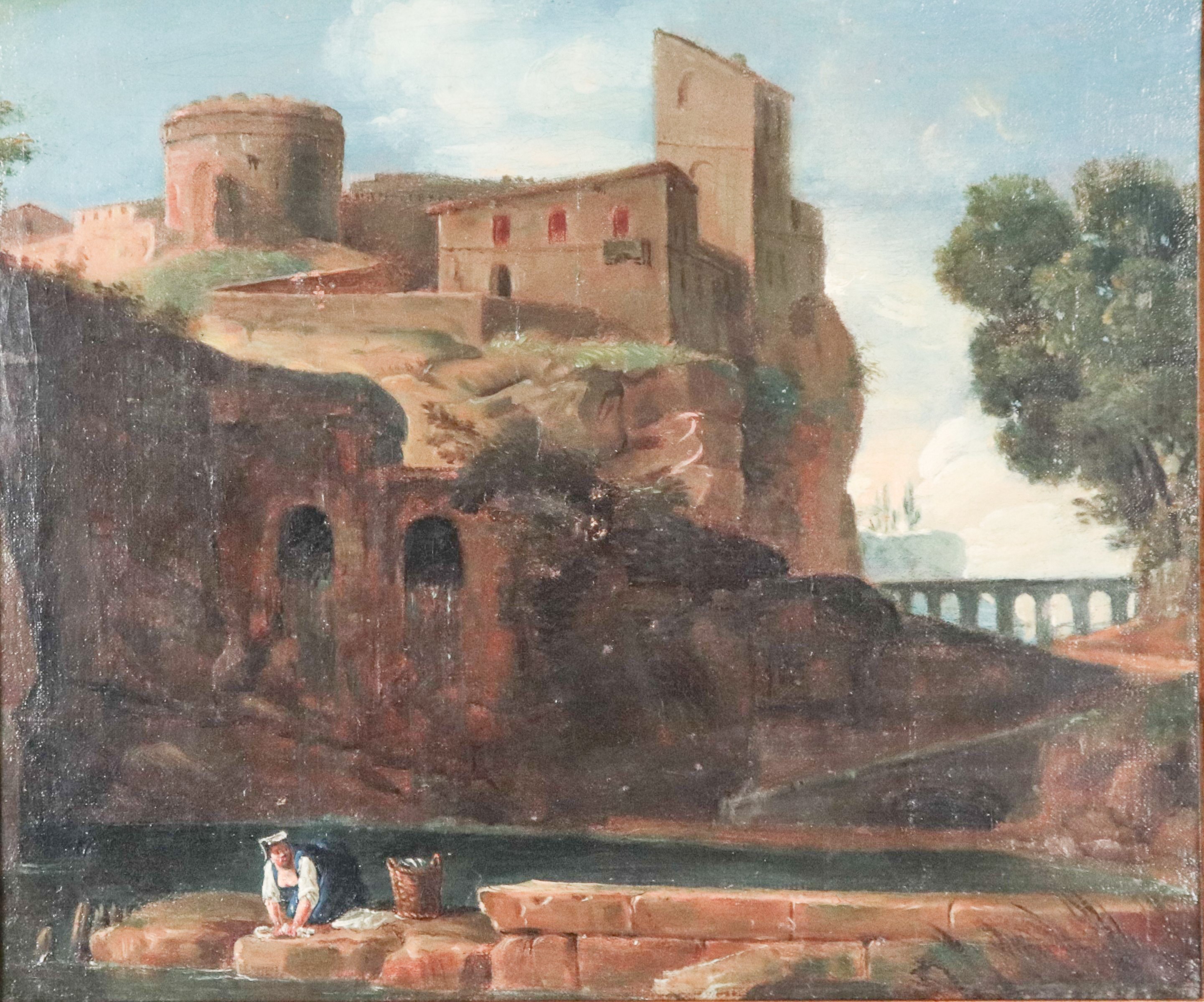 "Veduta di borgo con lavandaia al fiume", piccolo dipinto ad olio su tela di ottima esecuzione pi...