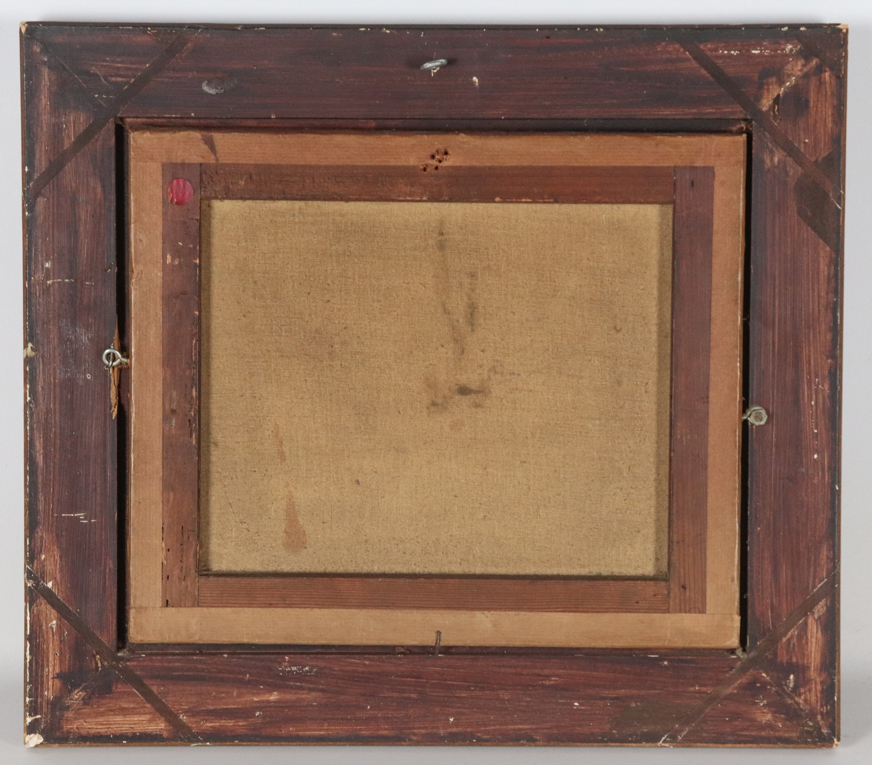 "Veduta di borgo con lavandaia al fiume", piccolo dipinto ad olio su tela di ottima esecuzione pi...