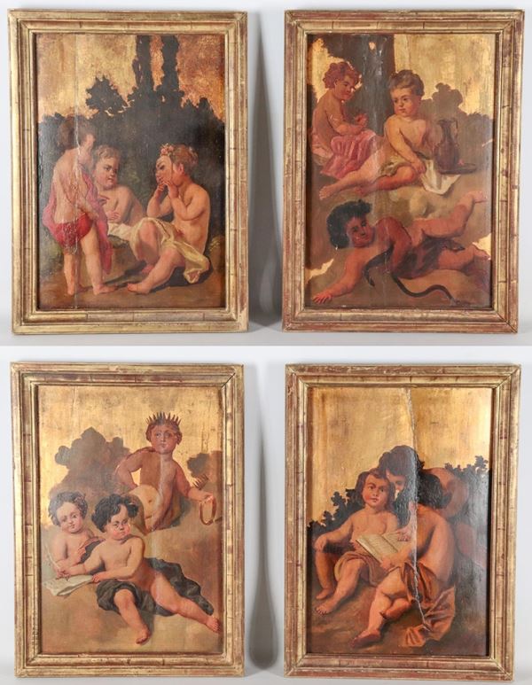 Scuola Italiana Fine XVIII Secolo - "Allegorie di putti", lotto di quattro piccoli dipinti ad olio su tavola in cornici in legno dorato
