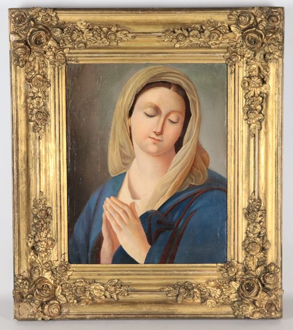 Scuola Romana Inizio XVIII Secolo - "Madonna in preghiera", piccolo dipinto ad olio su tela di ottimo tratto pittorico, cornice in legno dorato e intagliato