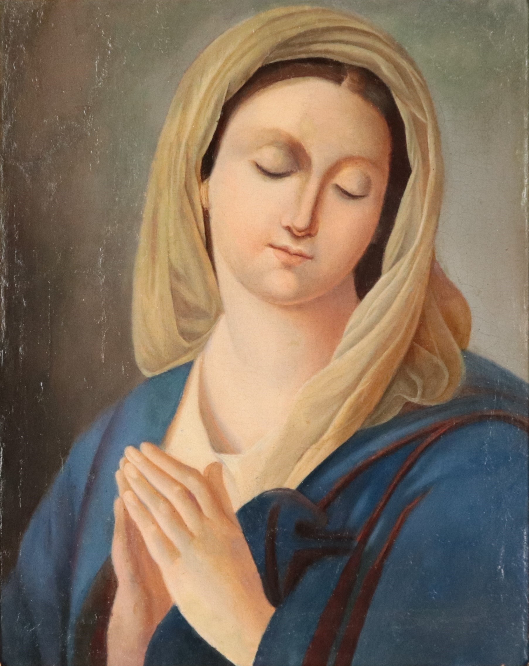 "Madonna in preghiera", piccolo dipinto ad olio su tela di ottimo tratto pittorico, cornice in le...