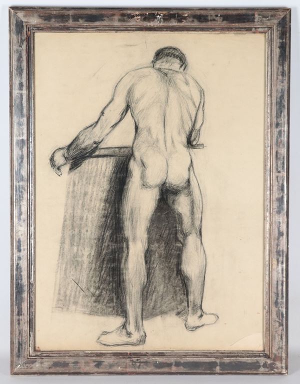 "Nudo di uomo", disegno a matita e carboncino su carta in cornice in legno a mecca. Il vetro è danneggiato