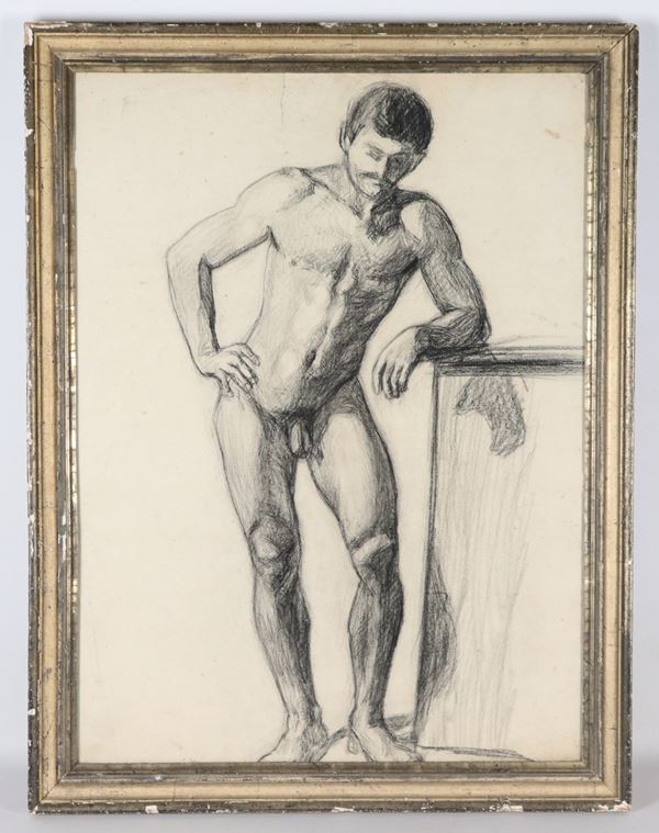 "Nudo di uomo", disegno a matita e carboncino su carta in cornice in legno a mecca