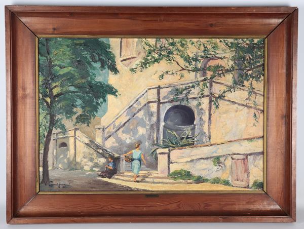 Vincent Cermignani - Firmato. "Veduta di villa di campagna con contadine", luminoso dipinto ad olio su tela in cornice di noce