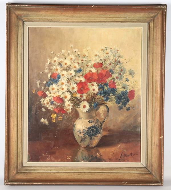 Pittore Francese Fine XIX - Inizio XX Secolo - Firmato. "Natura morta con mazzo di fiori e brocca", dipinto ad olio su tela in cornice in legno patinato