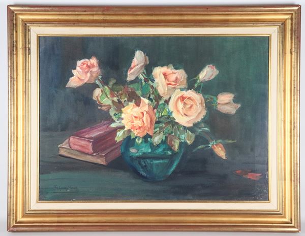 Pittore Europeo Fine XIX - Inizio XX Secolo - Firmato. "Natura morta con mazzo di rose e libri", dipinto ad olio magro in cornice in legno dorato