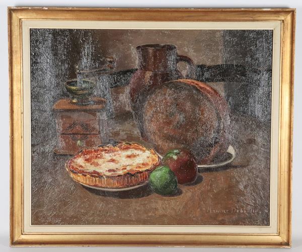 Pittore Francese Fine XIX - Inizio XX Secolo - Firmato. "Natura morta con vasellame, frutta e macinino", dipinto ad olio su tela in cornice in legno dorato