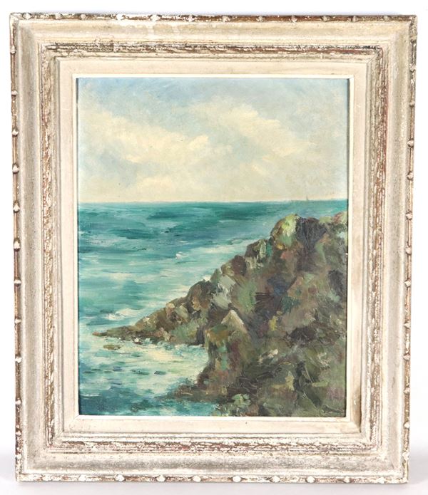 Scuola Italiana Inizio XX Secolo - "Marina con veduta di scogliera", piccolo dipinto ad olio su cartone pressato in cornice in legno decorato