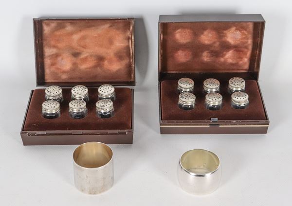 Silver and crystal lot of twelve salt shakers and two napkin rings (14 pcs.)