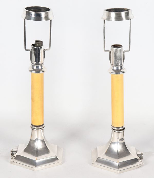 Pair of George V silver candlesticks with faux ivory stems