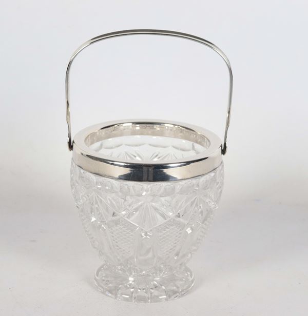 Engraved crystal ice bucket with silver metal handle and rim