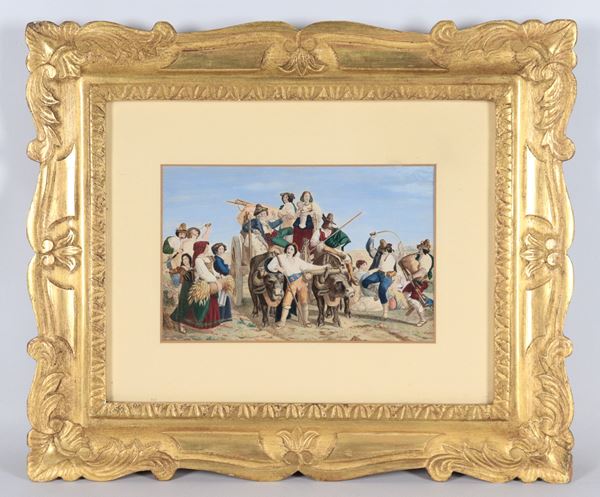 Scuola Napoletana Fine XIX Secolo - &quot;The return of the farmers from the harvest