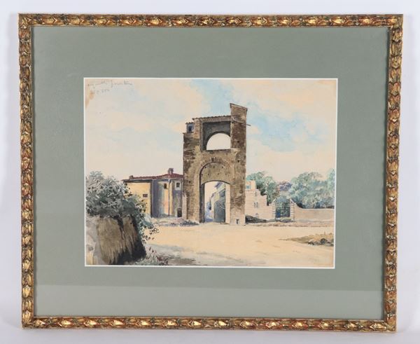 Pittore Italiano XIX Secolo - "Rudere di antica porta muraria con paese sullo sfondo"