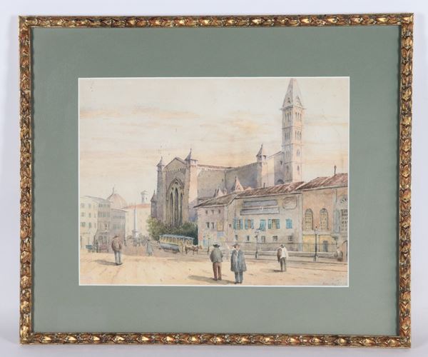 Pittore Italiano XIX Secolo - Siglato e datato 1857. "Veduta di cattedrale"