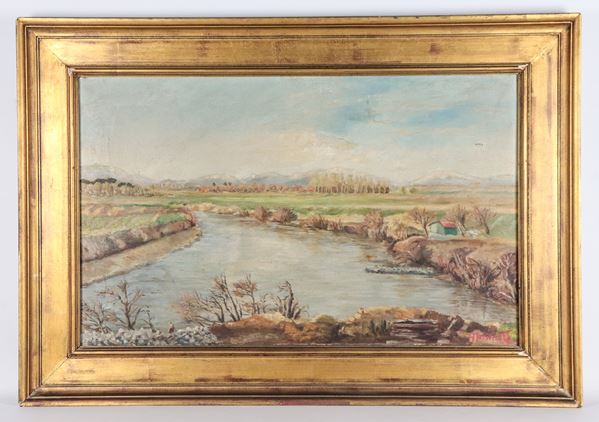 Pittore Italiano Fine XIX Secolo - Firmato. "Paesaggio campestre con fiume e montagne"