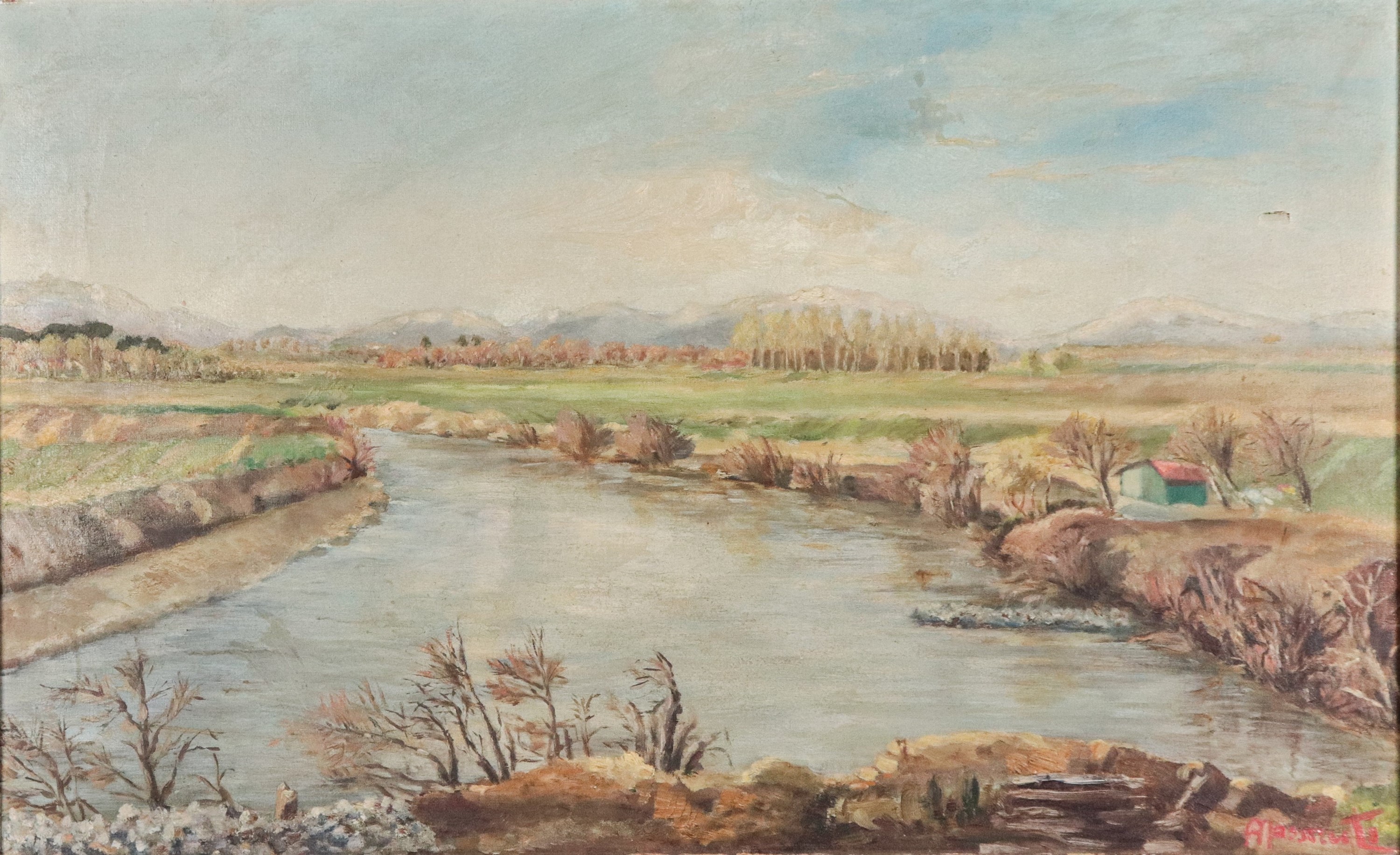 Firmato. "Paesaggio campestre con fiume e montagne"