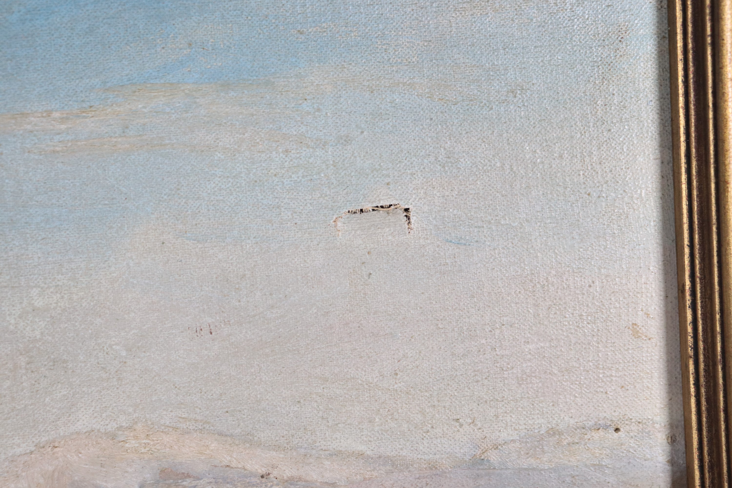 Firmato. "Paesaggio campestre con fiume e montagne"