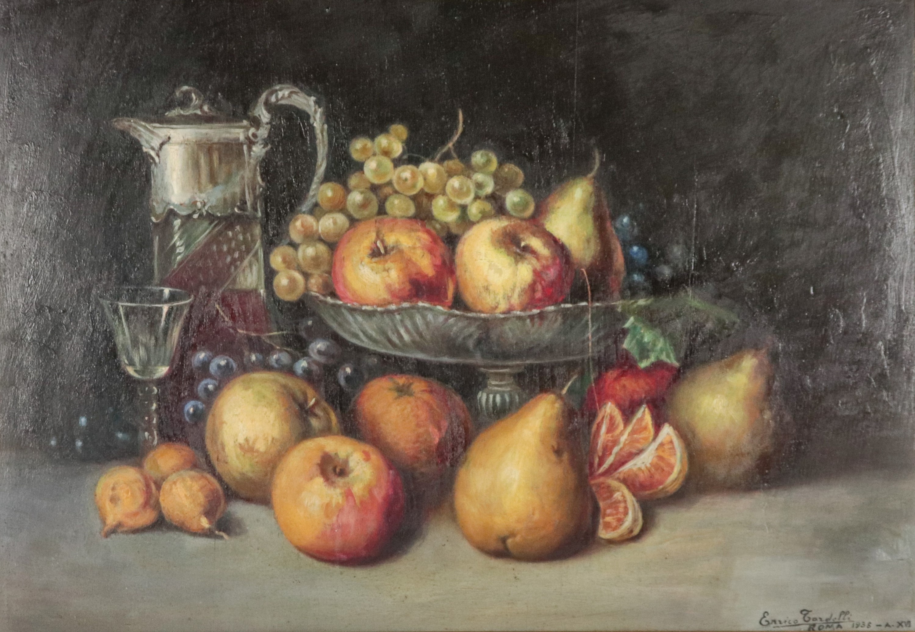Firmato e datato Roma 1938. "Natura morta di frutta con caraffa e bicchiere"
