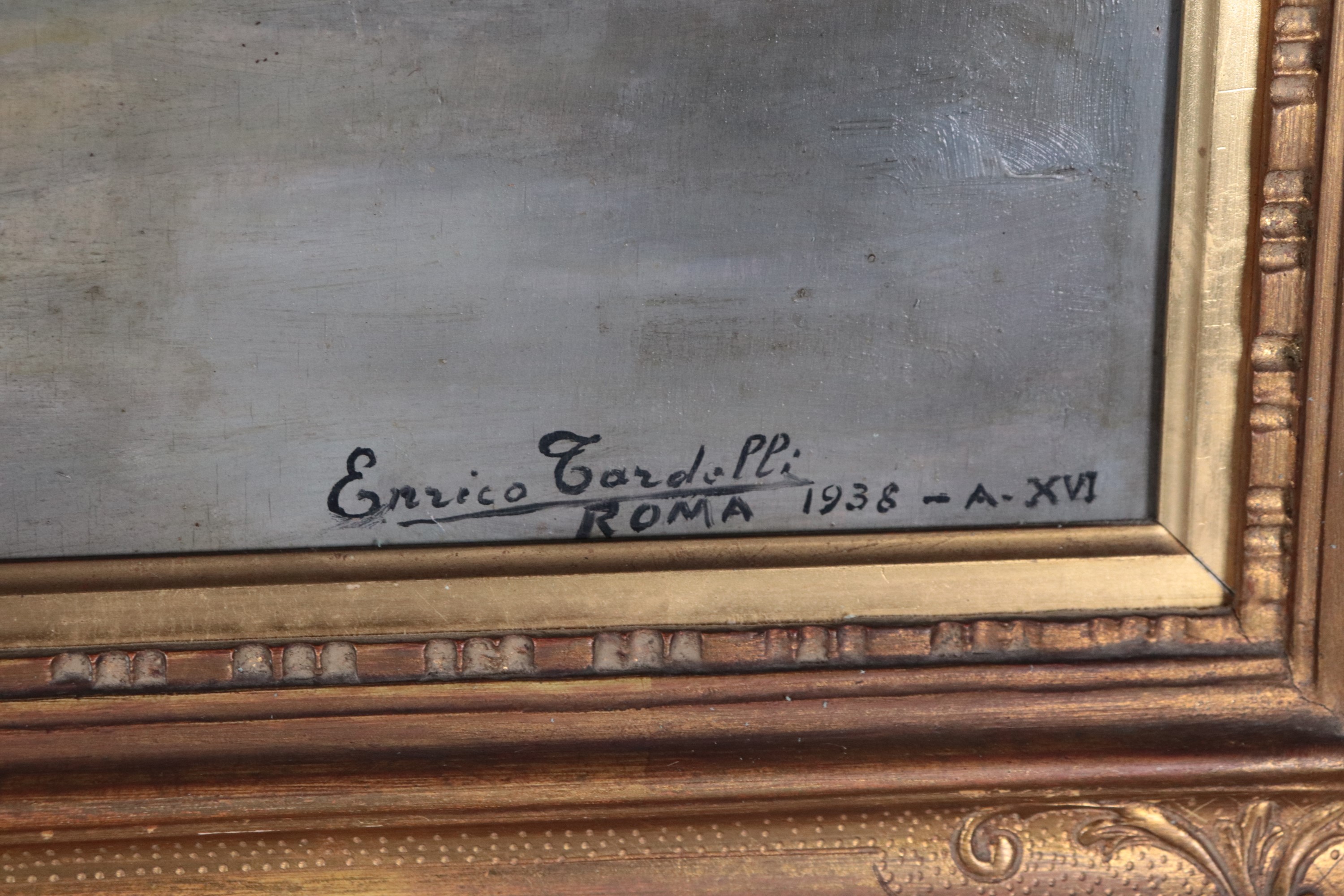 Firmato e datato Roma 1938. "Natura morta di frutta con caraffa e bicchiere"