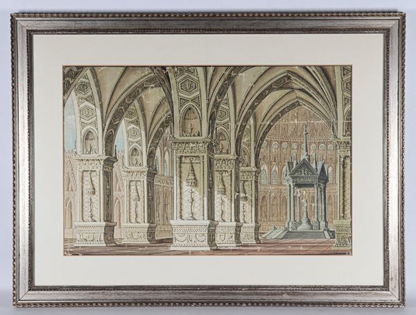 Pittore Italiano XIX Secolo - "Interno di cattedrale"
