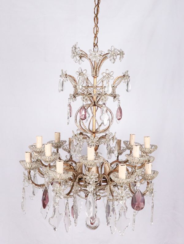 Lampadario in cristallo e metallo dorato, 20 luci