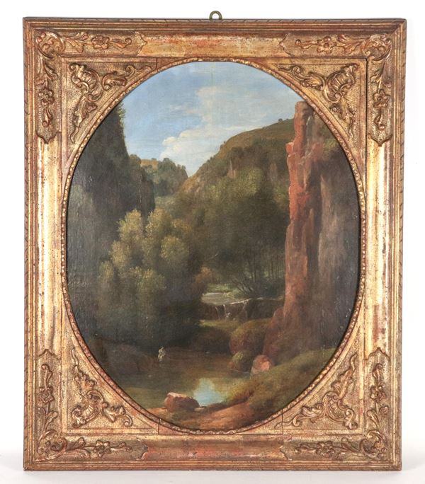 Scuola Italiana Inizio XIX Secolo - &quot;Landscape in the surroundings of Tivoli with stream and peasant&quot;
