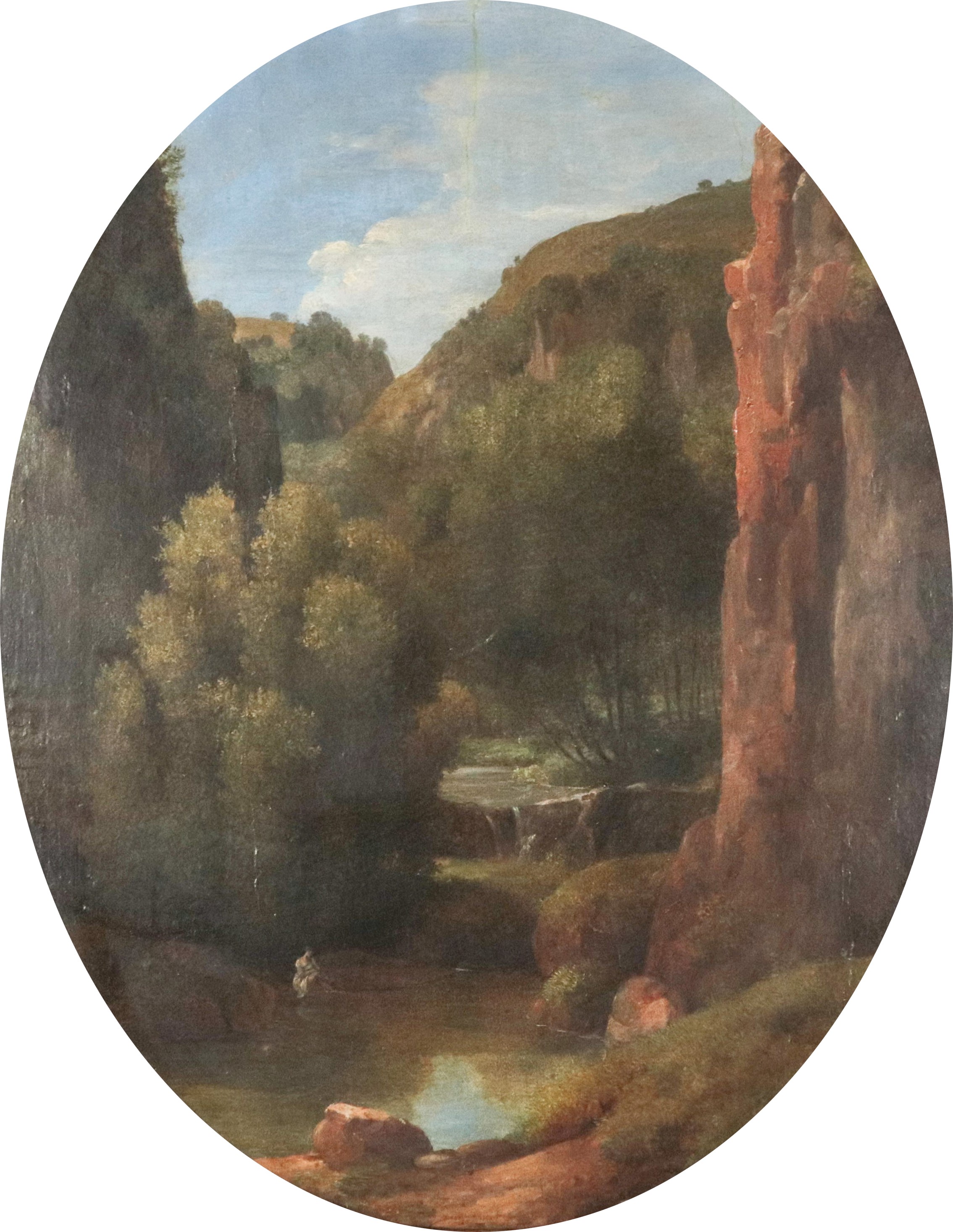 "Paesaggio nei dintorni di Tivoli con corso d'acqua e contadina"