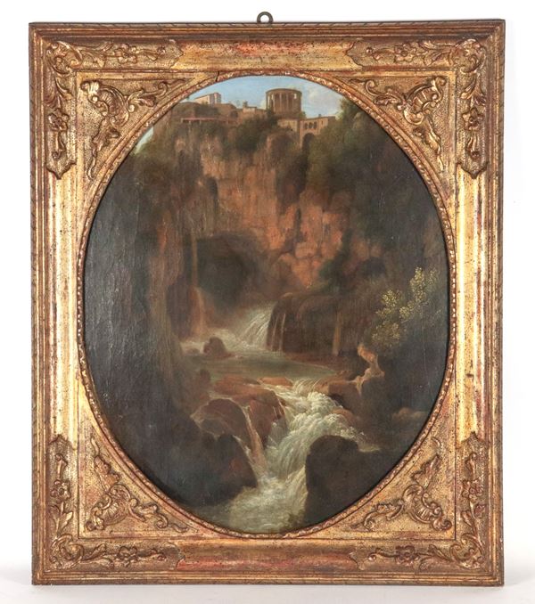 Scuola Italiana Inizio XIX Secolo - "Tivoli, veduta delle cascate con il Tempio di Vesta"