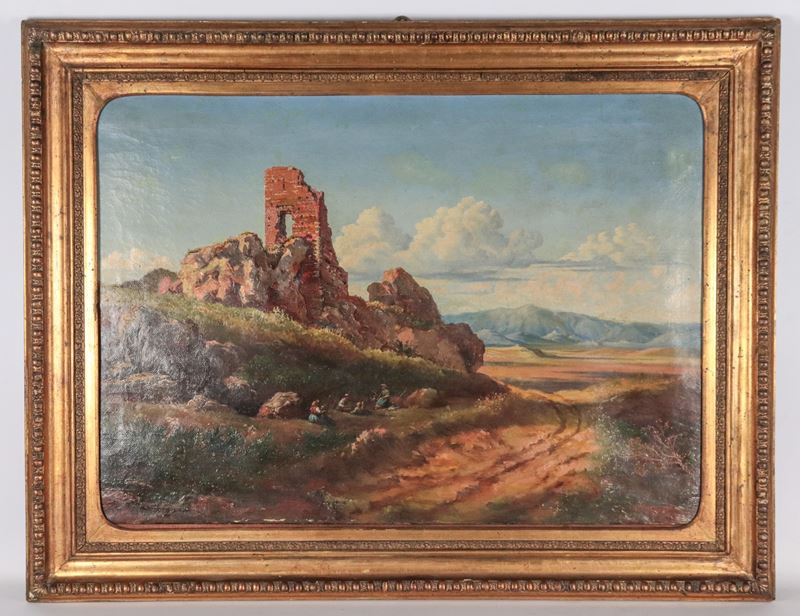 Firmato. "Veduta della campagna romana con ruderi e sosta dei contadini"