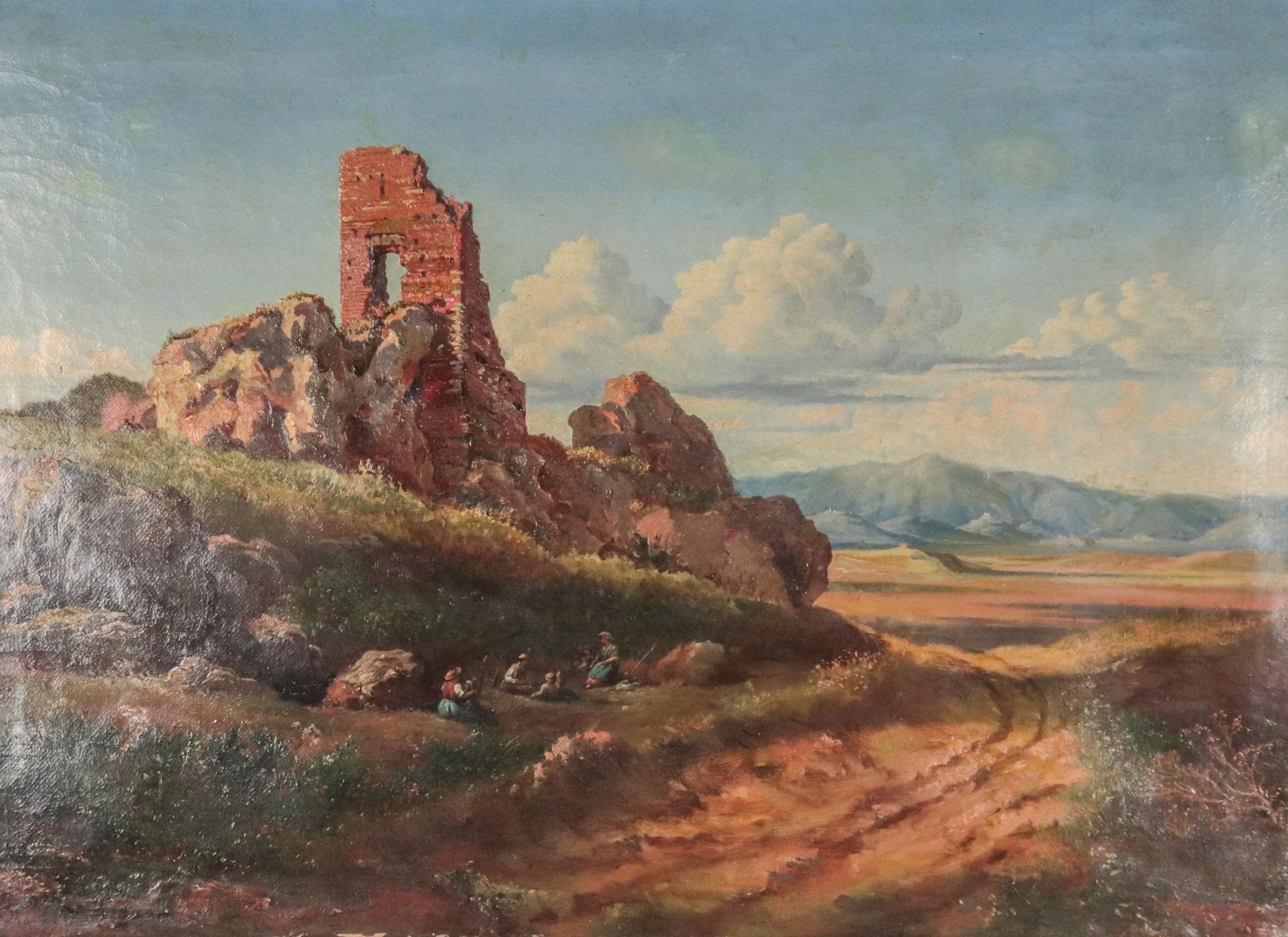 Firmato. "Veduta della campagna romana con ruderi e sosta dei contadini"