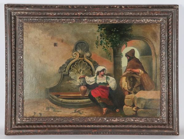 Pittore Italiano XIX Secolo - Signed: &quot;Commonwealth woman at the fountain with friar and donkey&quot;
