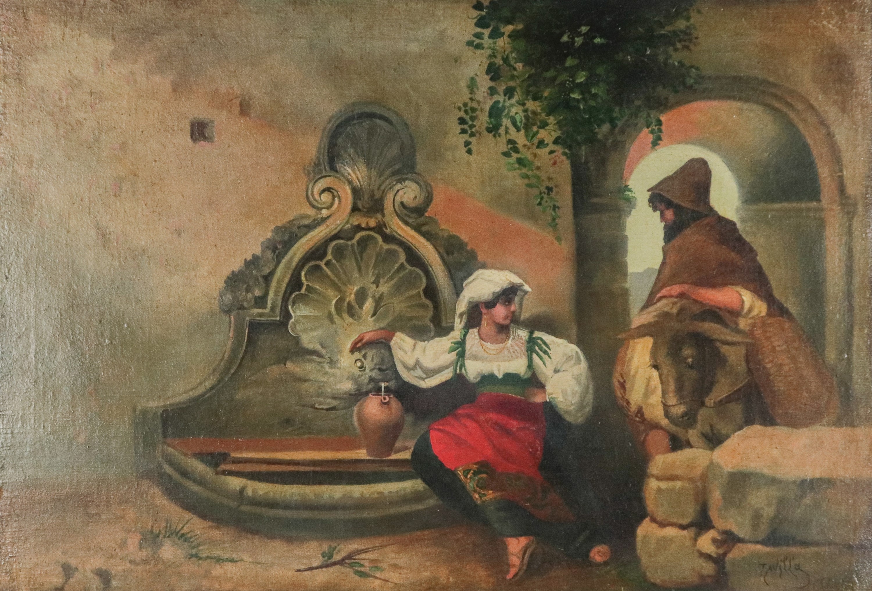 Firmato: "Popolana alla fontana con frate e asinello"