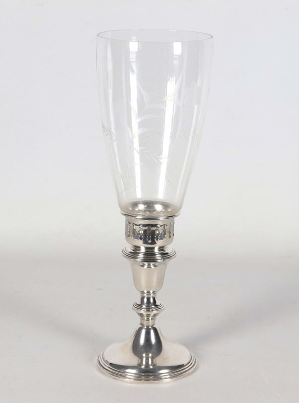 Silver candle holder with worked crystal bell
